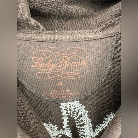 VTG Y2K Lucky Brand Long Cardigan Sweater Tie Hood Peace Sign Medium | AP581 - Picture 4 of 8